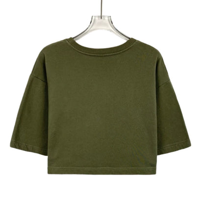 Celine Army Green Logo Printed Cotton T-Shirt