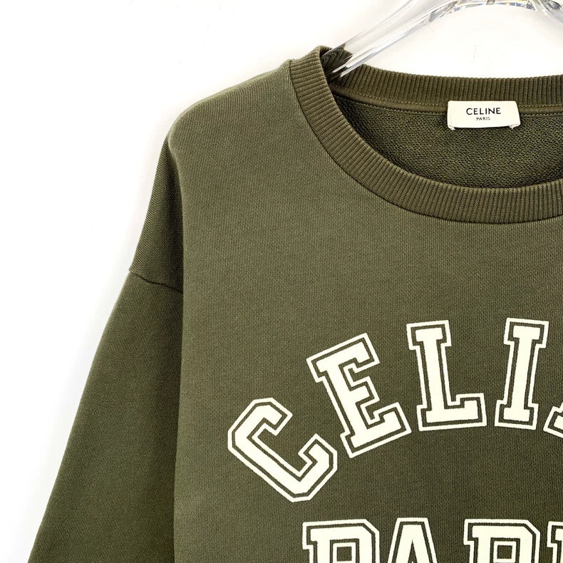 Celine Army Green Logo Printed Cotton T-Shirt