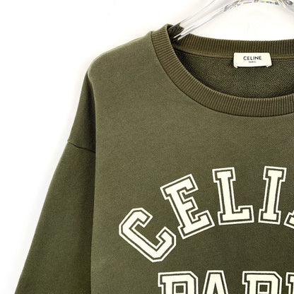 Celine Army Green Logo Printed Cotton T-Shirt