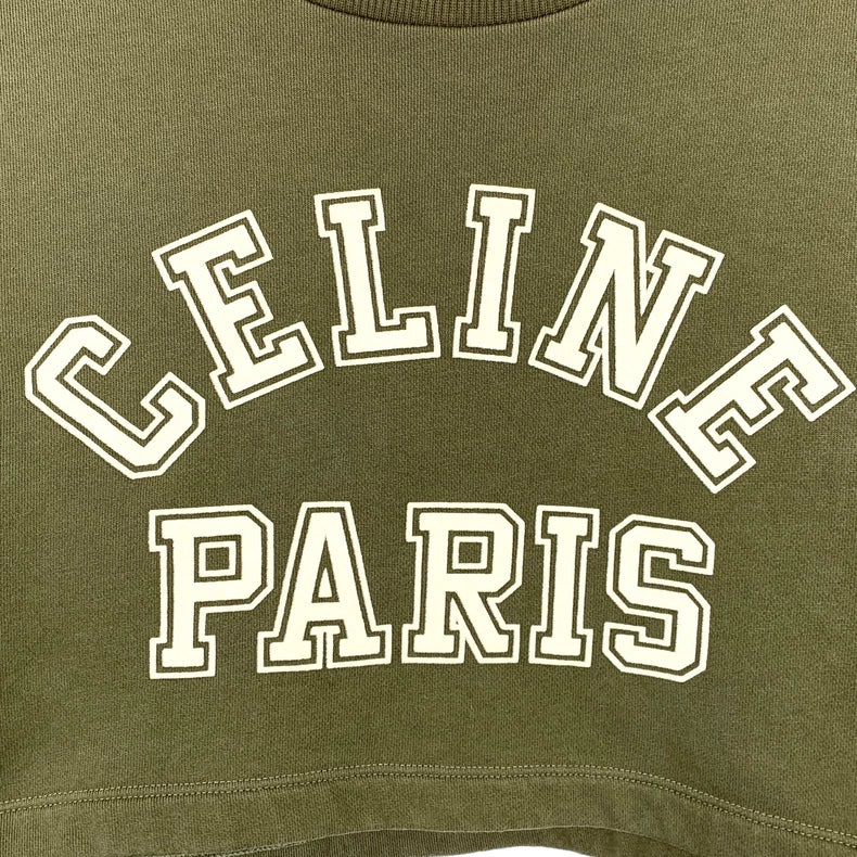 Celine Army Green Logo Printed Cotton T-Shirt