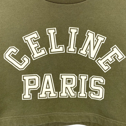 Celine Army Green Logo Printed Cotton T-Shirt