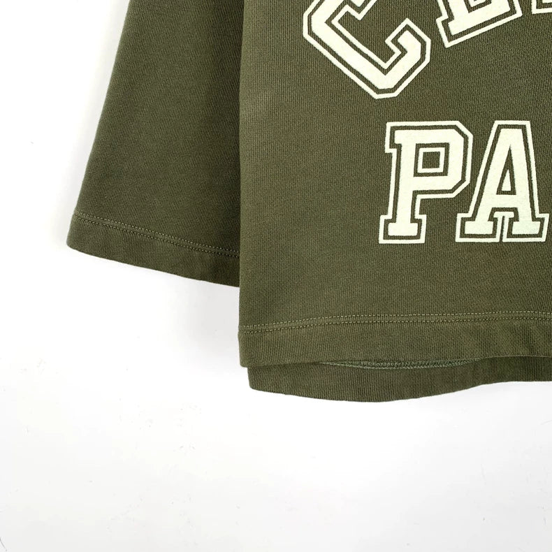 Celine Army Green Logo Printed Cotton T-Shirt