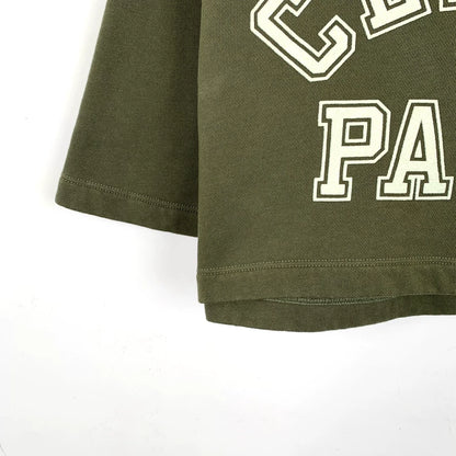 Celine Army Green Logo Printed Cotton T-Shirt