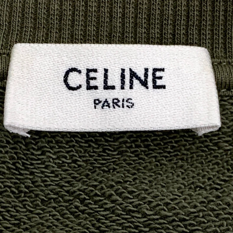 Celine Army Green Logo Printed Cotton T-Shirt