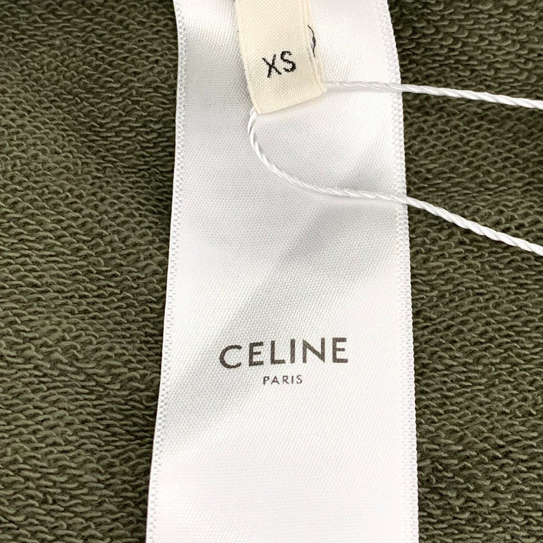 Celine Army Green Logo Printed Cotton T-Shirt
