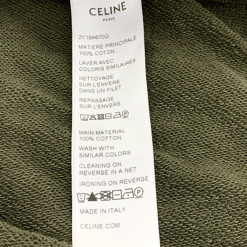 Celine Army Green Logo Printed Cotton T-Shirt