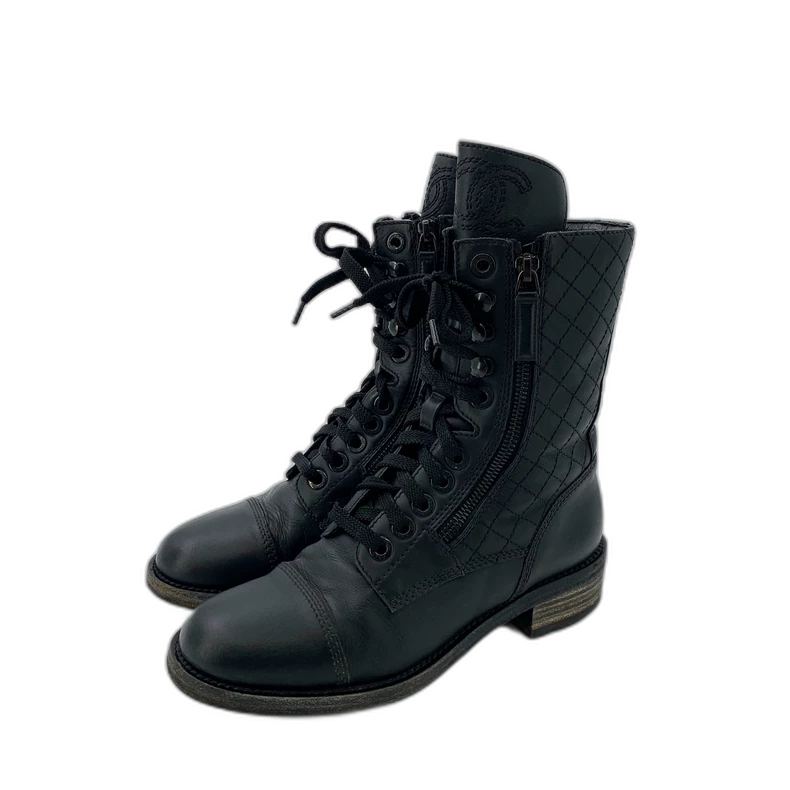 Chanel Black Quilted Lace-Up Ankle Boots