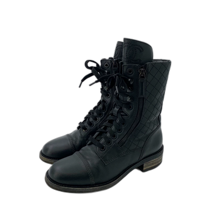 Chanel Black Quilted Lace-Up Ankle Boots