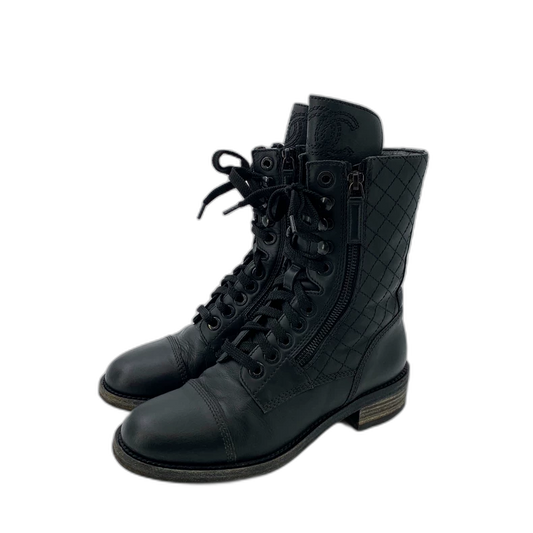 Chanel Black Quilted Lace-Up Ankle Boots