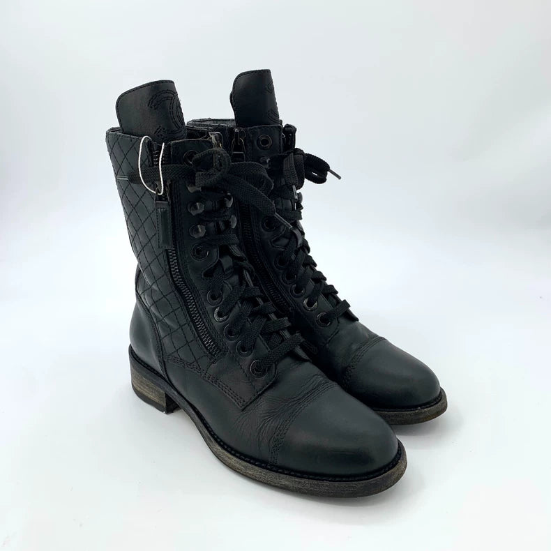 Chanel Black Quilted Lace-Up Ankle Boots