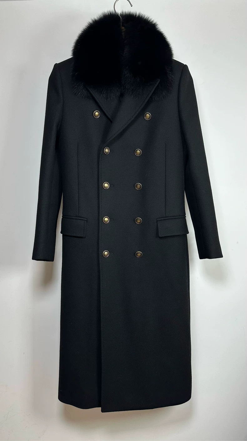Saint Laurent Double-Breasted Coat with Fur Collar