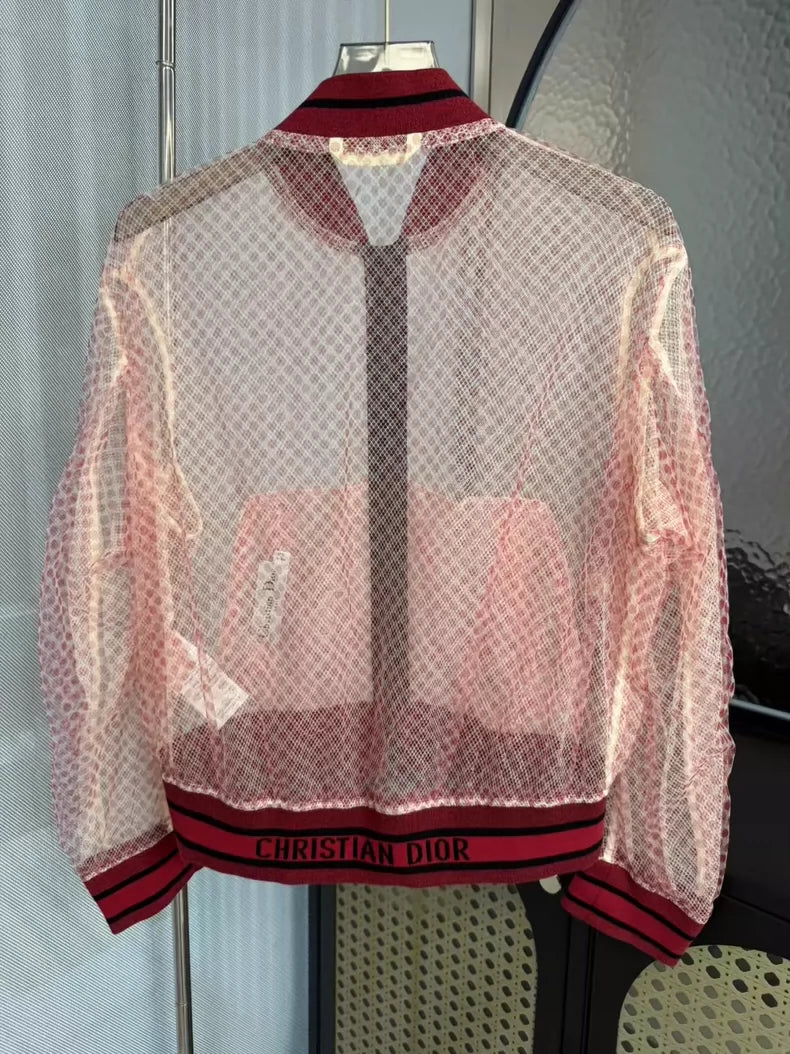 Red Embroidered Mesh Bomber Jacket