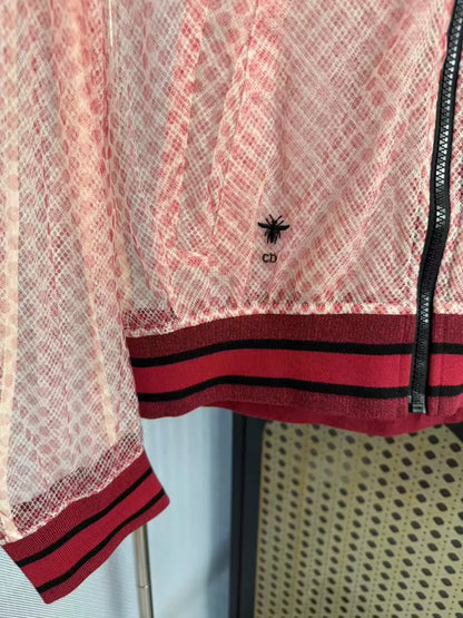 Red Embroidered Mesh Bomber Jacket