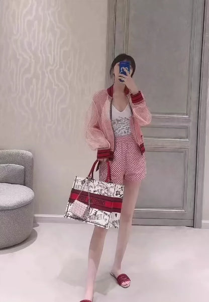 Red Embroidered Mesh Bomber Jacket