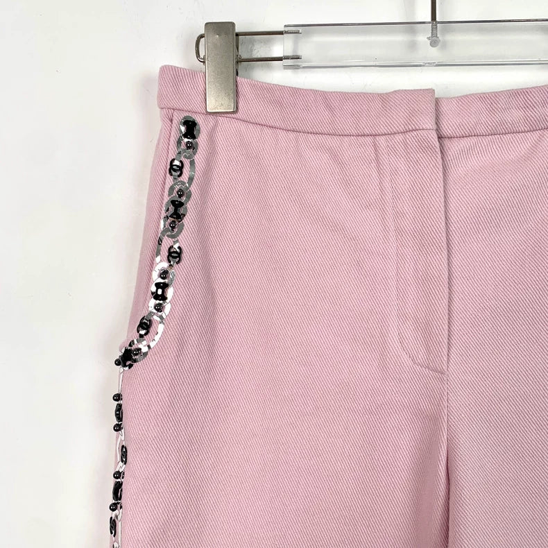 Pink Sequin Cotton Casual Shorts