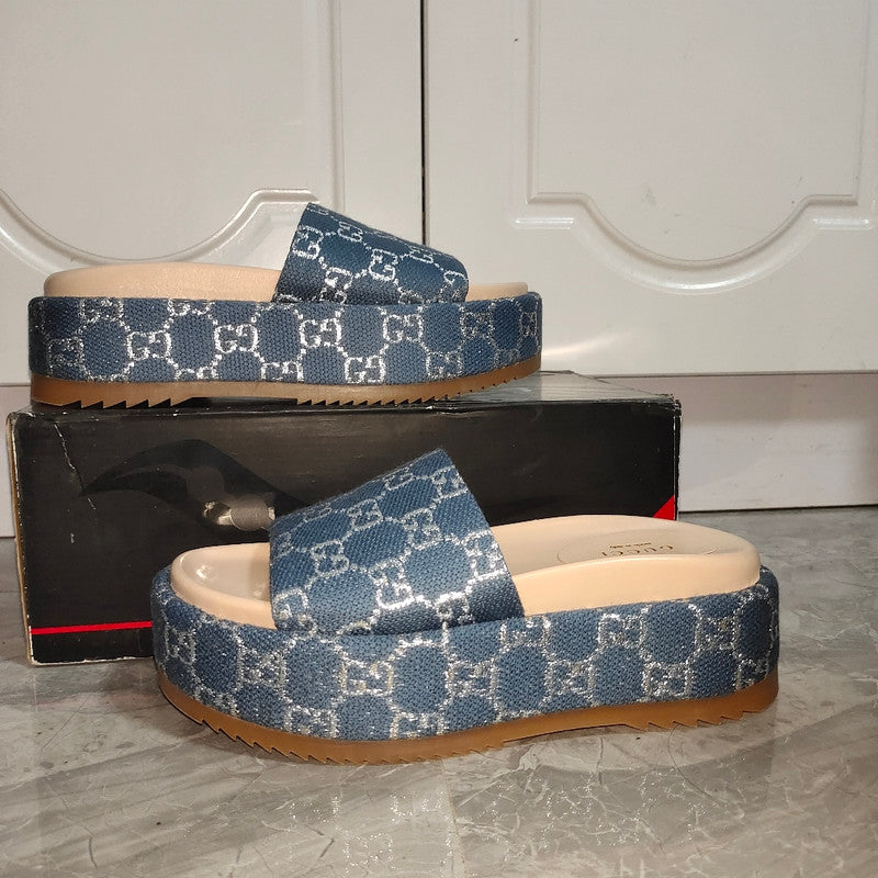 Gucci Blue and Brown Platform Slides 0079