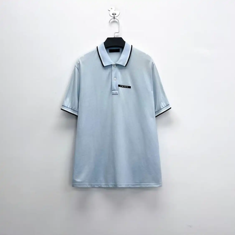 Prada Light Blue Striped Logo Polo Shirt