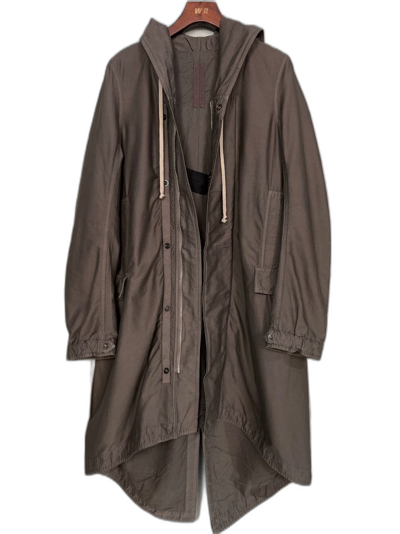 Brown Hooded Long Coat by Rick Owens