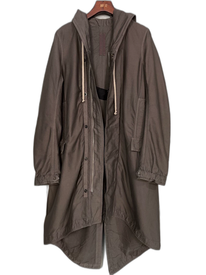 Brown Hooded Long Coat by Rick Owens