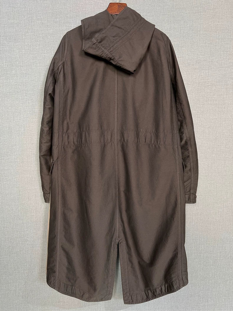 Brown Hooded Long Coat by Rick Owens