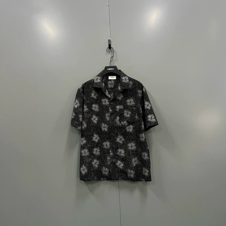 Celine Black Logo Print Short Sleeve Shirt-yf