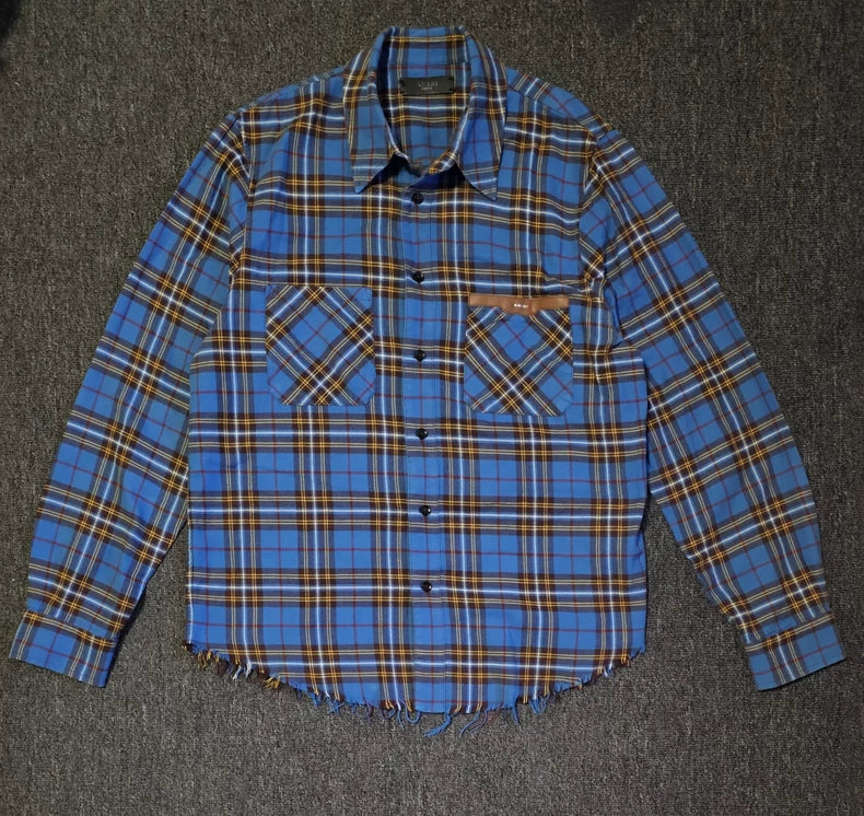 Amiri Blue Plaid Oversize Shirt with Fringe-yf