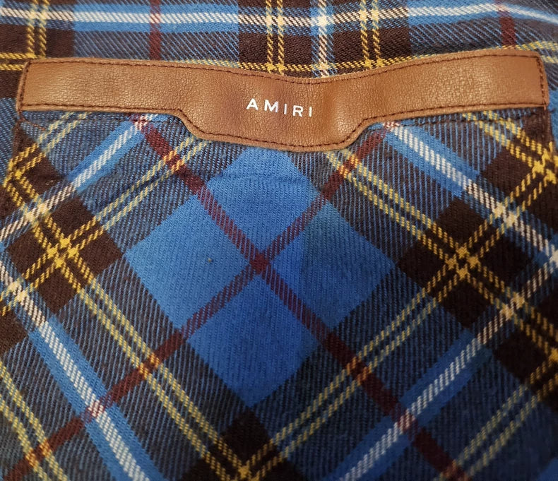 Amiri Blue Plaid Oversize Shirt with Fringe-yf