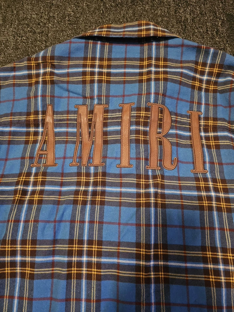 Amiri Blue Plaid Oversize Shirt with Fringe-yf