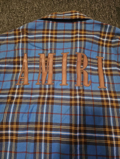Amiri Blue Plaid Oversize Shirt with Fringe-yf
