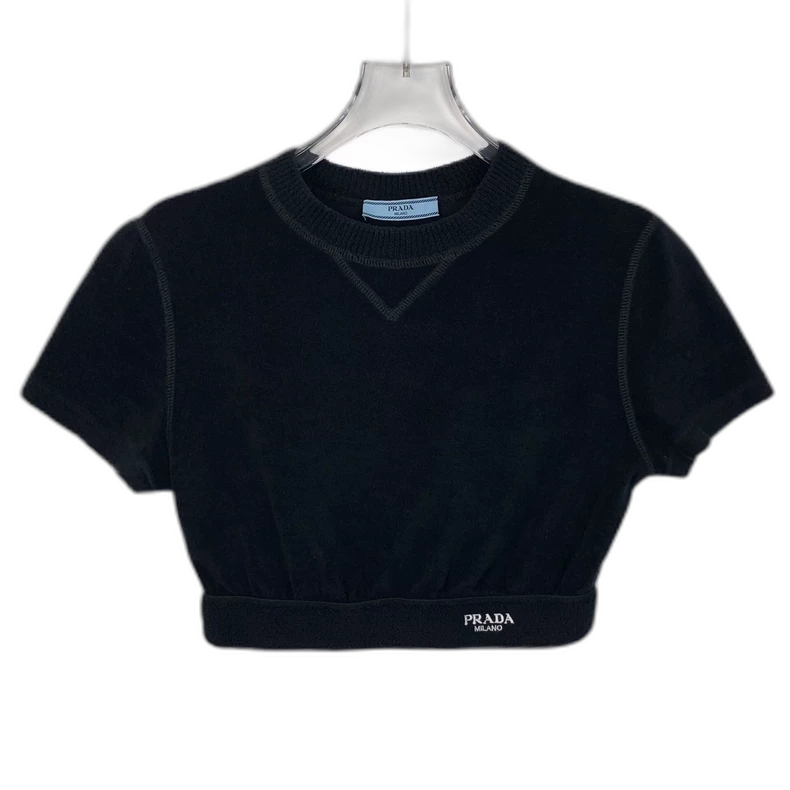 Prada Black Logo Embroidered Cotton T-Shirt