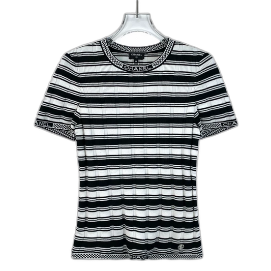 Chanel Striped Cotton Knit Short Sleeve Shirt