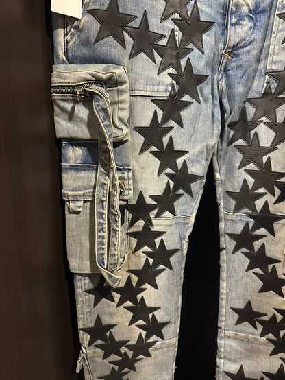 Amiri Chemist Denim Cargo Pants with Stars