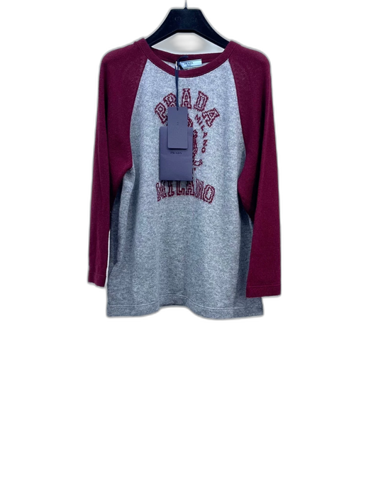 Prada Gray Knit Sweater with Burgundy Sleeves