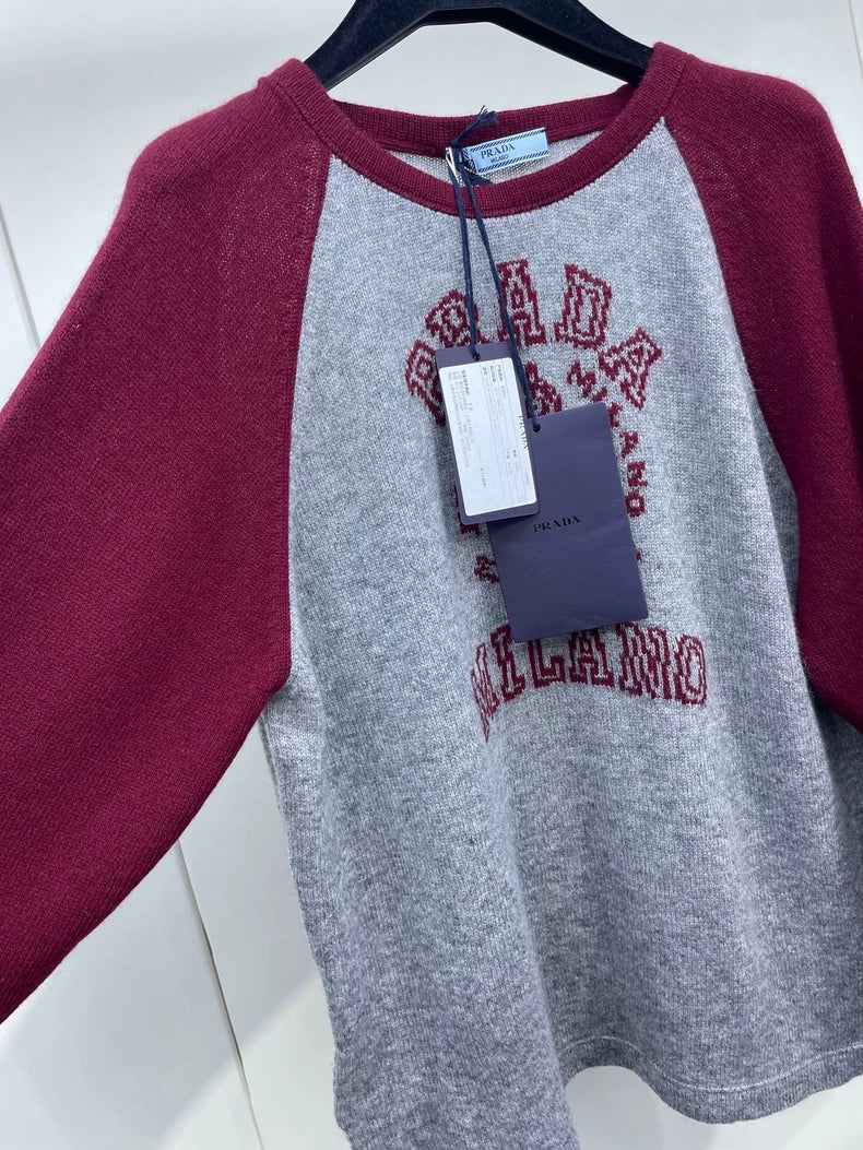 Prada Gray Knit Sweater with Burgundy Sleeves
