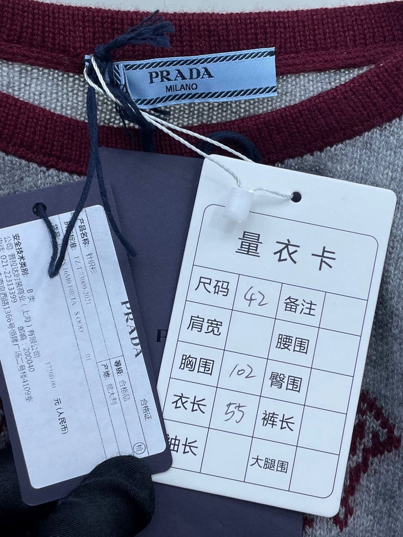 Prada Gray Knit Sweater with Burgundy Sleeves