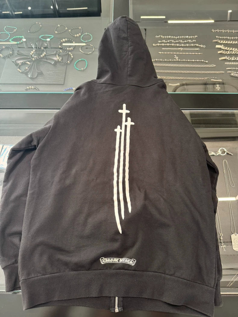 Chrome Hearts Black Zip Hoodie with Fringe-yf