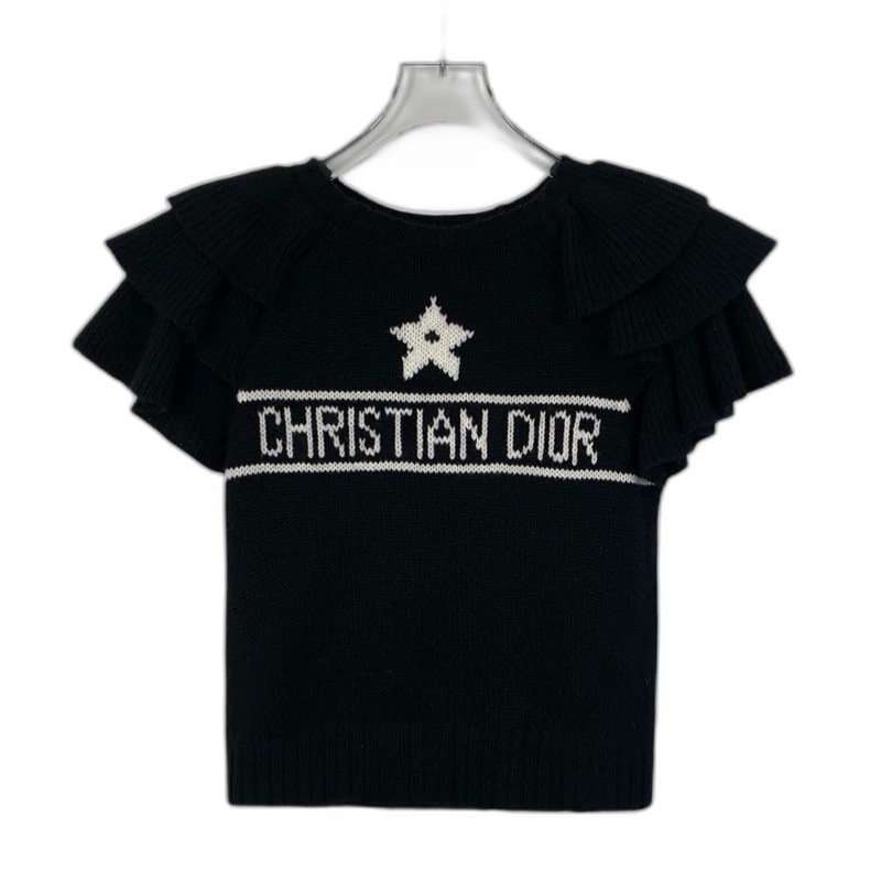 Black Logo Knit Top with Ruffles