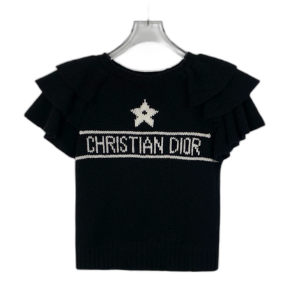 Black Logo Knit Top with Ruffles