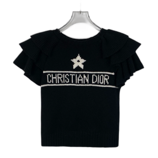 Black Logo Knit Top with Ruffles