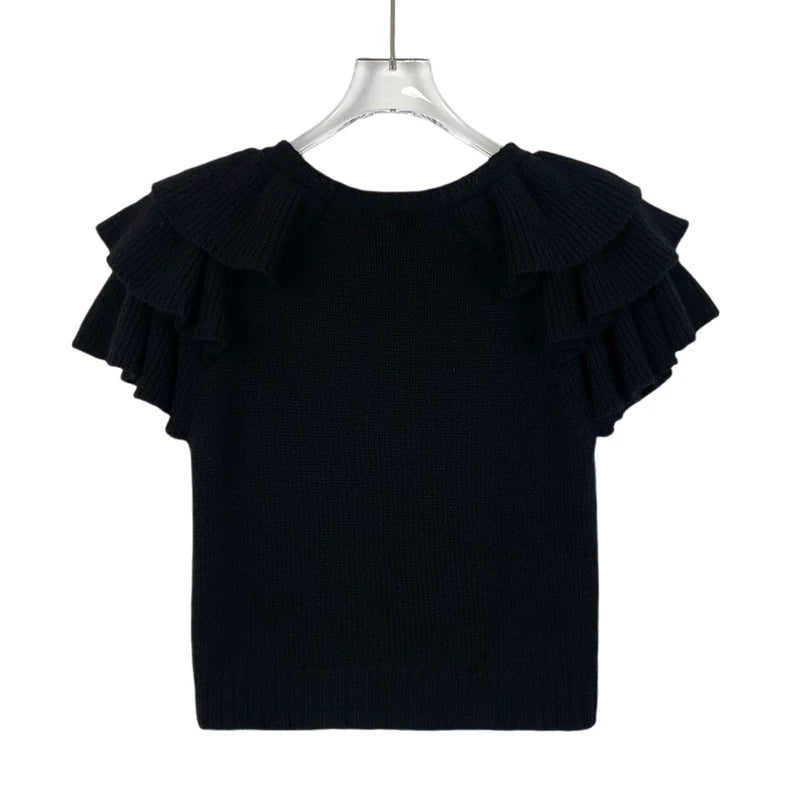 Black Logo Knit Top with Ruffles