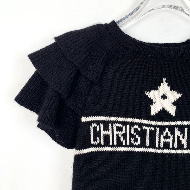 Black Logo Knit Top with Ruffles