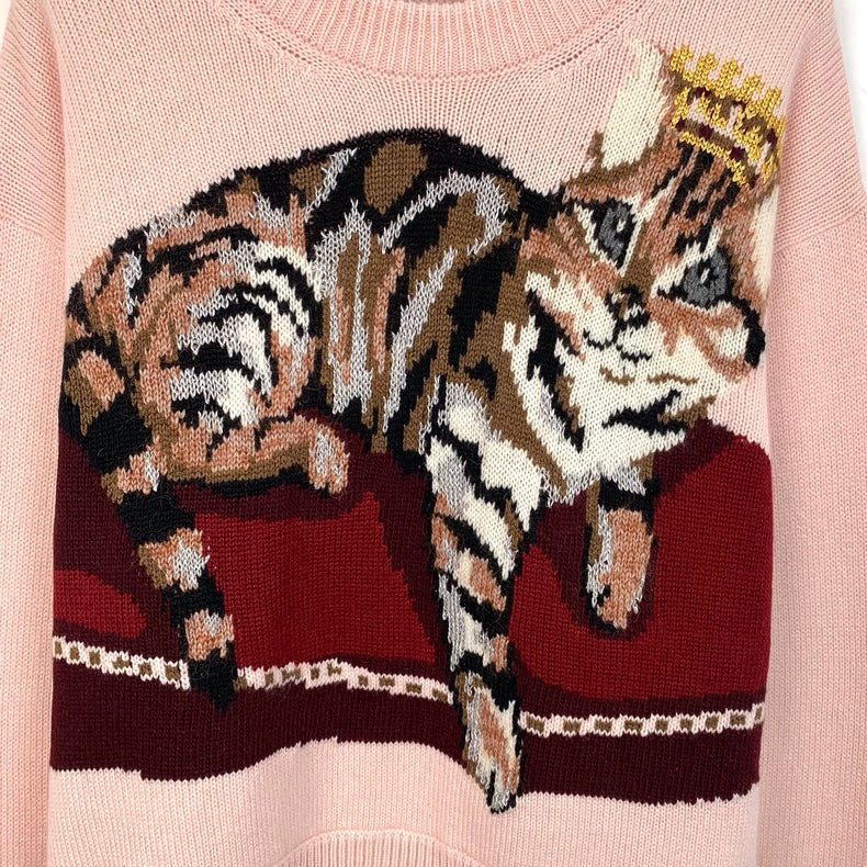 Pink Cat Embroidered Cashmere Sweater