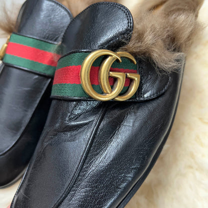 Gucci Princetown Black Fur Slide Sandals for Men 0079