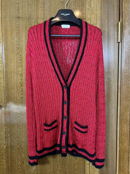 Saint Laurent Red Knit Cardigan with Contrast Trim
