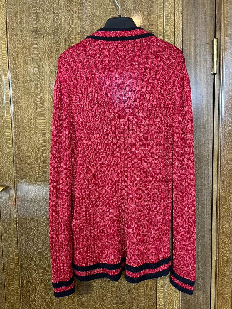 Saint Laurent Red Knit Cardigan with Contrast Trim