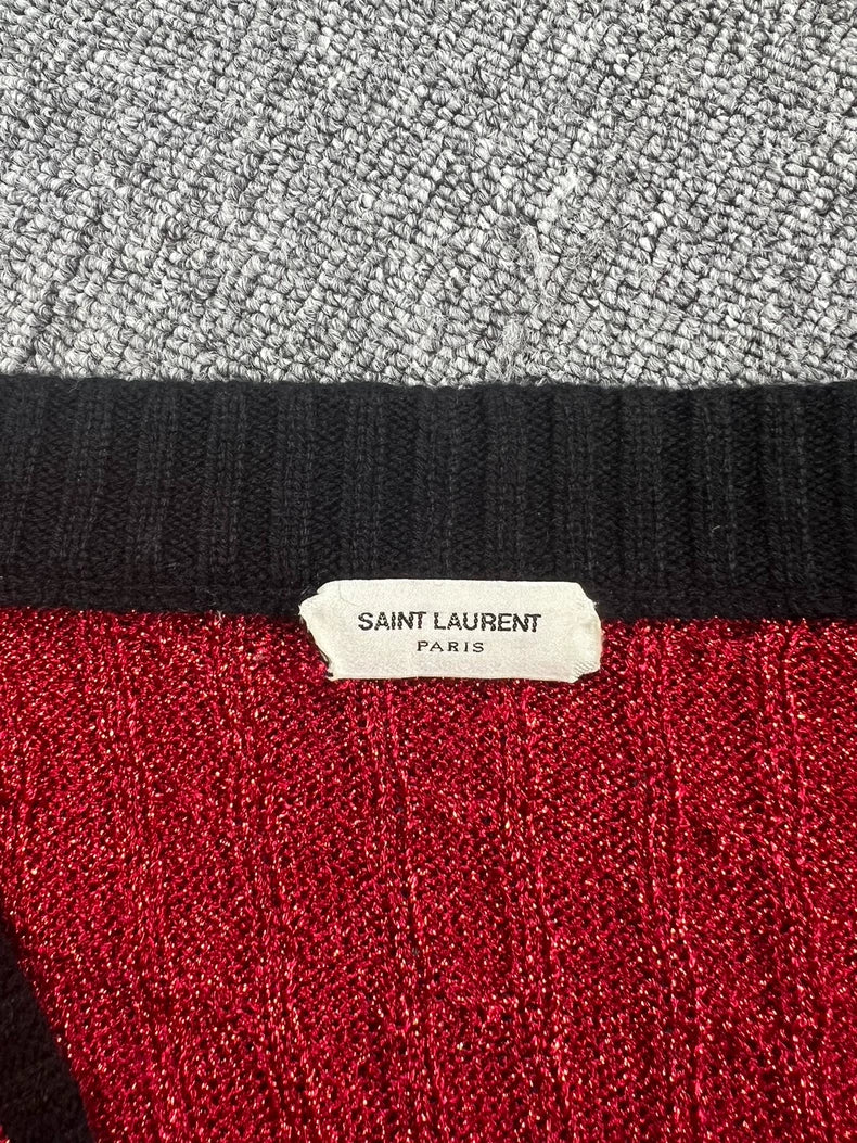 Saint Laurent Red Knit Cardigan with Contrast Trim