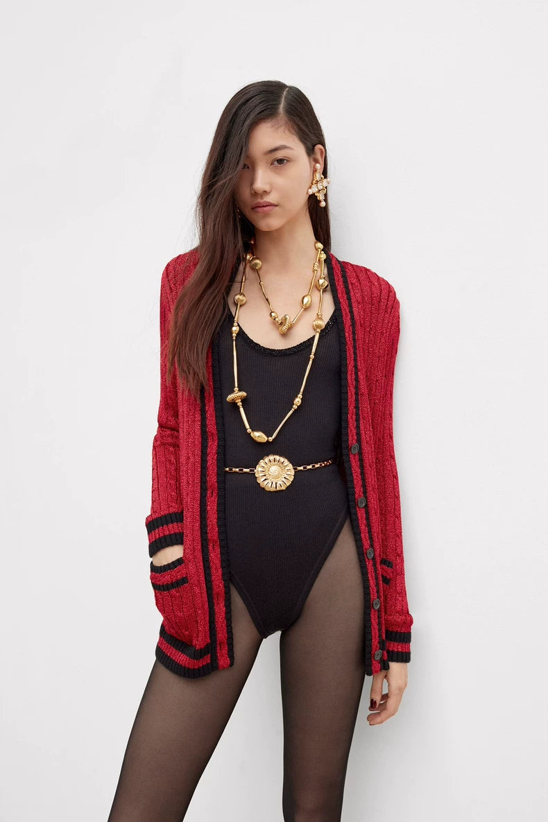 Saint Laurent Red Knit Cardigan with Contrast Trim