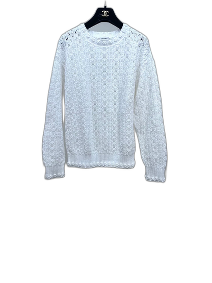 CHANEL White Knitted Sweater with Floral Design