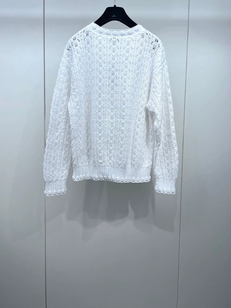CHANEL White Knitted Sweater with Floral Design