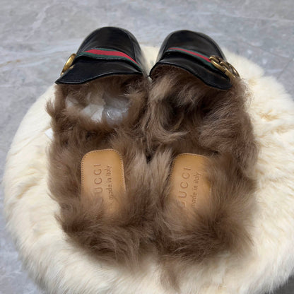 Gucci Princetown Black Fur Mules for Men 0079
